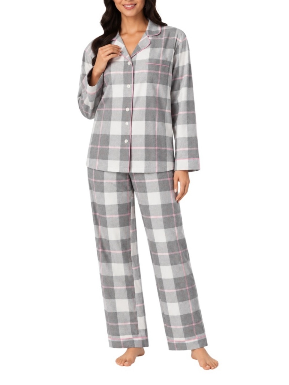 BedHead Flannel Plaid Pajama Set 100% Cotton Pink, Grey, White Medium